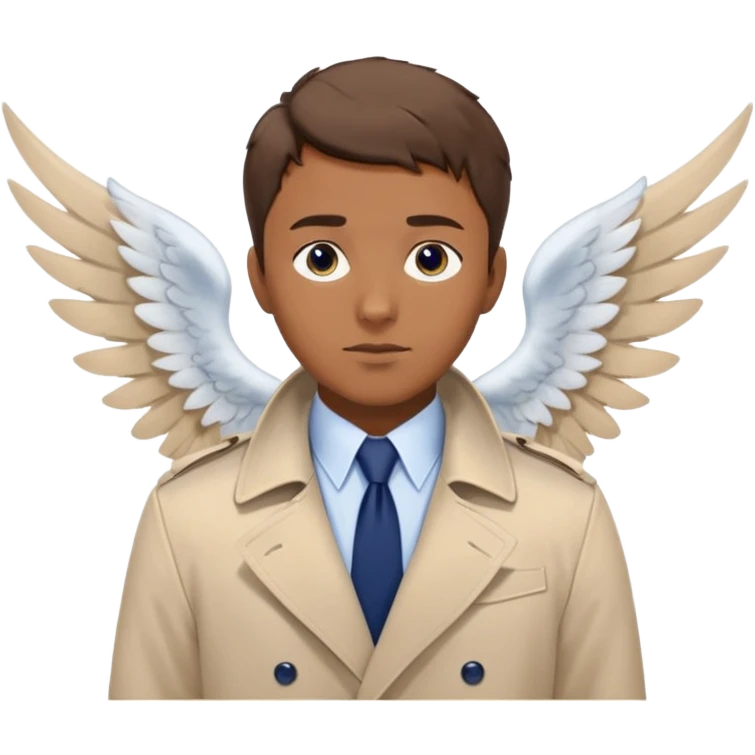 a man brown short hair, blue eyes, beige trenchcoat, white shirt, navy tie, angel wings emoji