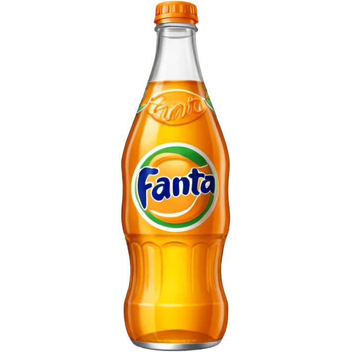Una botella de cristal con el logo de Fanta con Fanta de limón dentro de color amarillo emoji