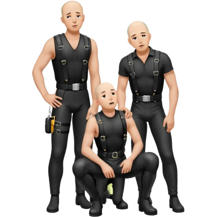 Two men, one standing one kneeling in black leather, harnesses the tall man pissing on the man kneeling both bald the man on his knees with his tongue out emoji