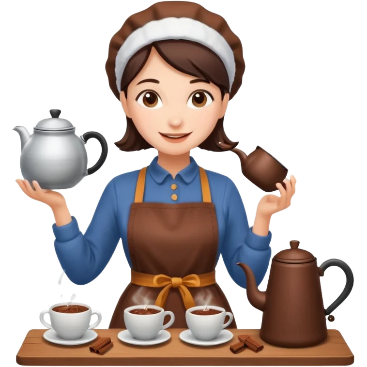 A cheerful woman wearing a winter apron, pouring cocoa from a kettle into tiny cups.
 emoji