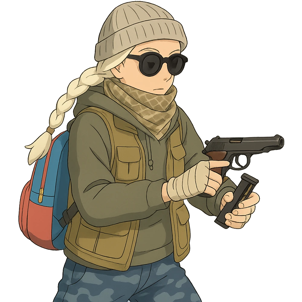 1 female, long white braid, knit cap, dark sunglasses, shemegh neckwrap, fishing vest, vibrant shool backpack, drab hoodie, handwraps, blue camo pants, executing a tactical reload of a makarov pistola emoji