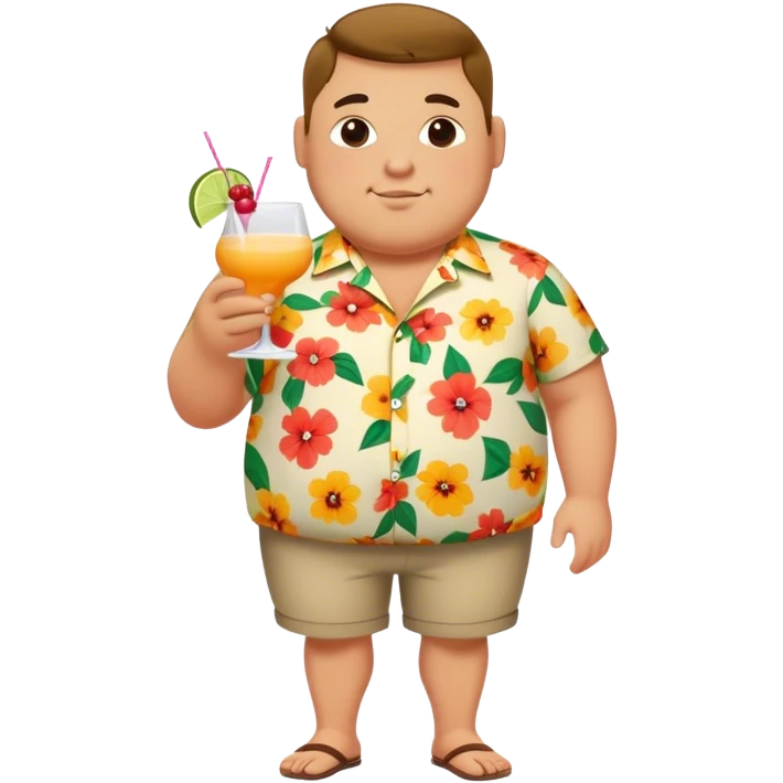 chubby guy full figure in a flowered shirt holding a cocktail emoji