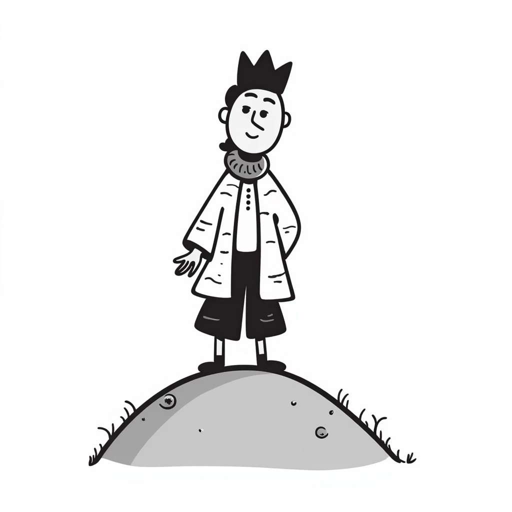 simple black line art of a king on a hill, playful and sketchy emoji