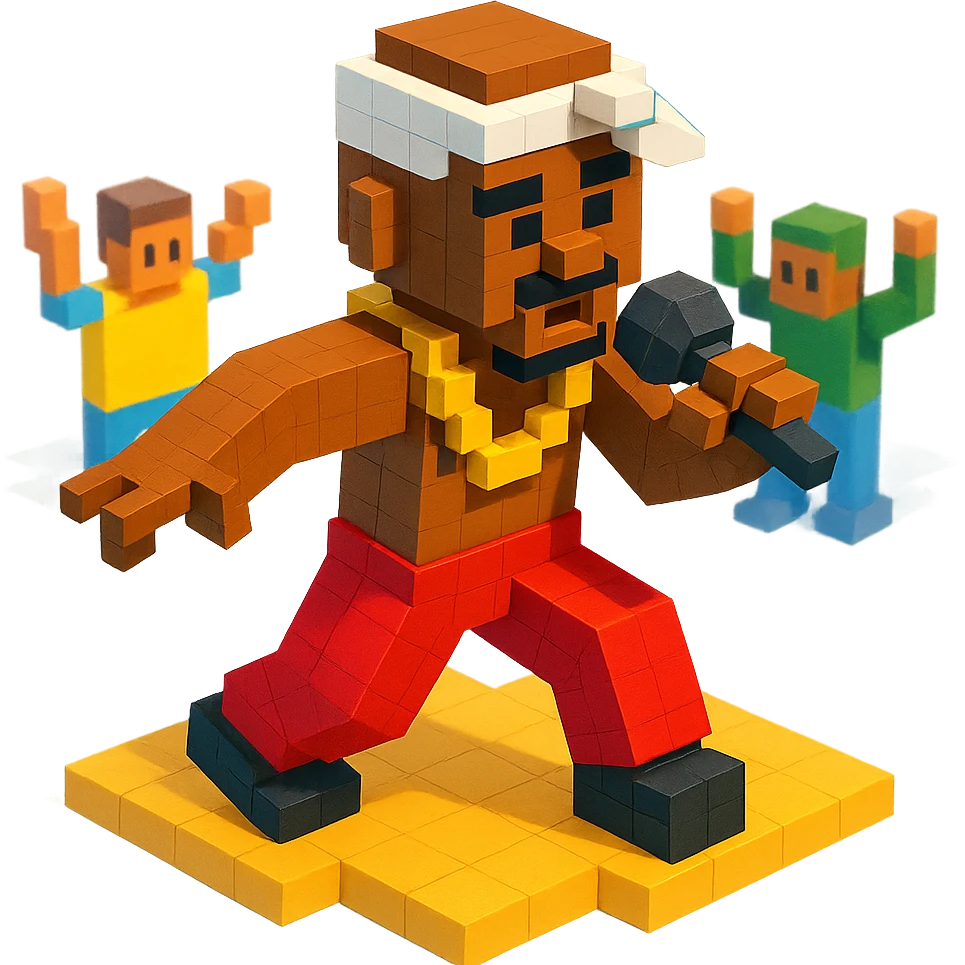 Lego version of 2Pac in a rap battle scene, dynamic pose, microphone in hand, crowd in background emoji