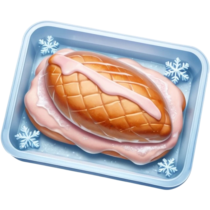 A pack of frozen chicken breasts sealed in transparent plastic packaging, covered with frost and ice crystals. The meat looks pale pink with a slight icy glaze, sitting in a freezer with cool blue lighting. Realistic detail, cold atmosphere, food photography style. emoji