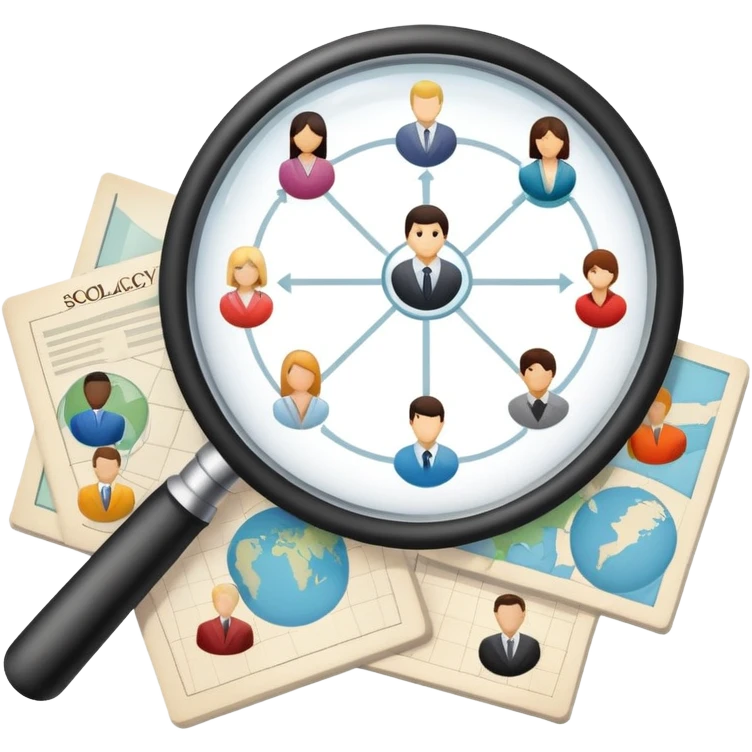 An icon featuring a group of diverse people, a social network diagram, and a magnifying glass, symbolizing sociology. The design includes charts and interconnected lines, representing the study of societies, relationships, and social behavior. Transparent background highlights social analysis. emoji