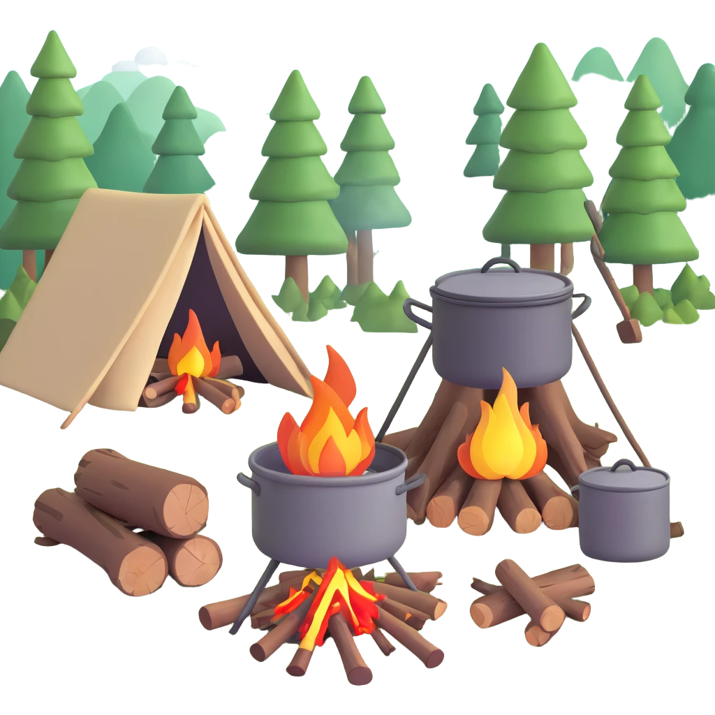 bushcraft campfire with cooking pot, wood logs, forest setting emoji