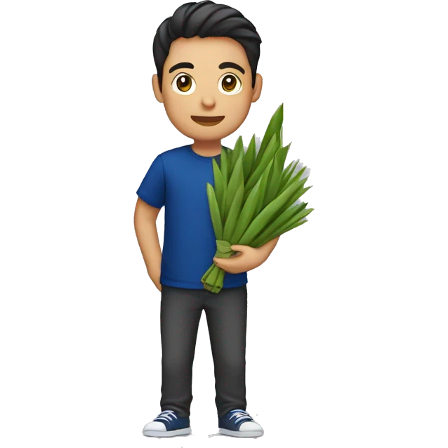 a guy with dark blue color shirt holding ketupat casually emoji