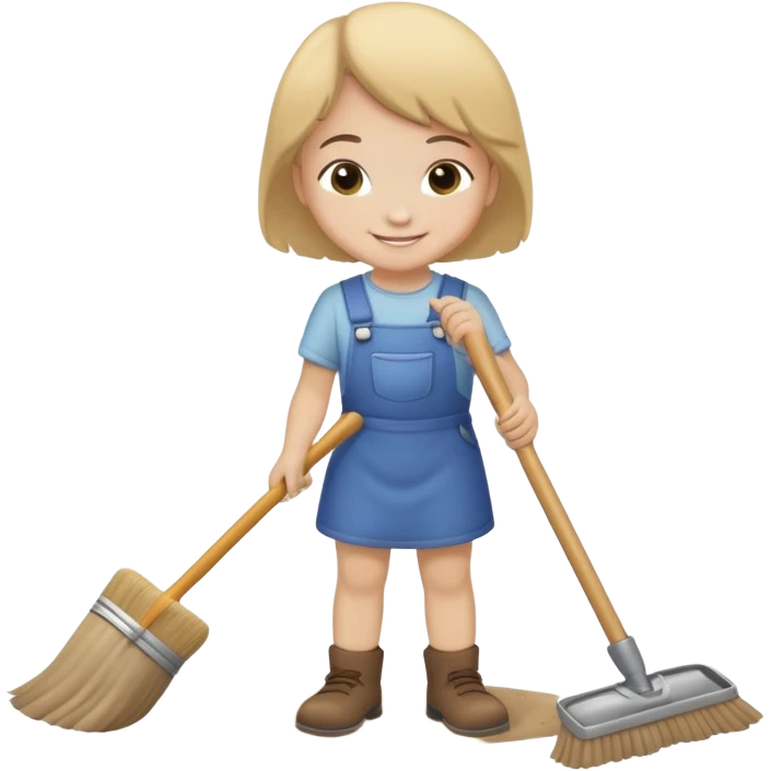 child sweeping up dust, smiling and helpful emoji