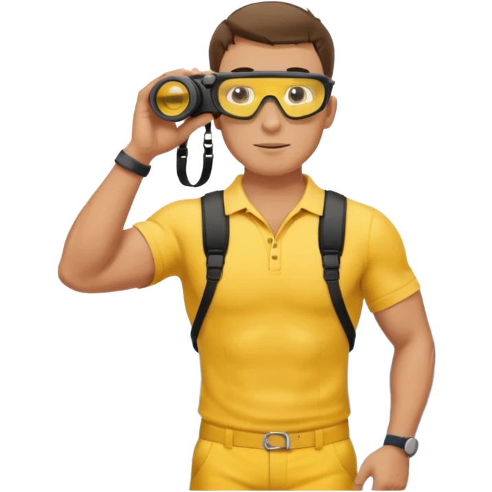 Male lifeguard full body – yellow shirt, binoculars in hand, scanning the sea emoji