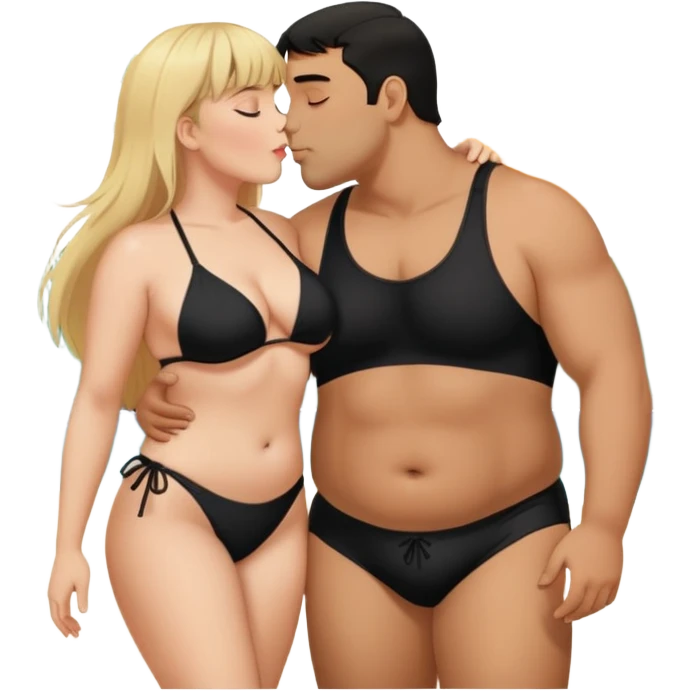 White Latina female with bangs blonde long hair plus size in the beach with black bikini kissing Latin man with short hair  emoji