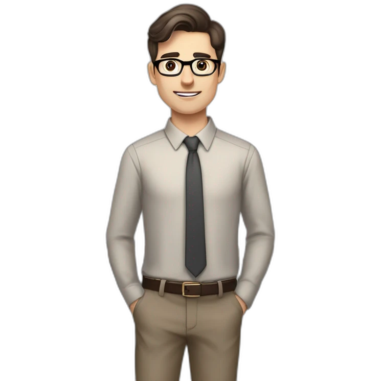 Pale skinned fit man with dark brown hair in gray jacket, beige office shirt, brown tie, brown pants and vintage glasses Writing on the flipchart emoji