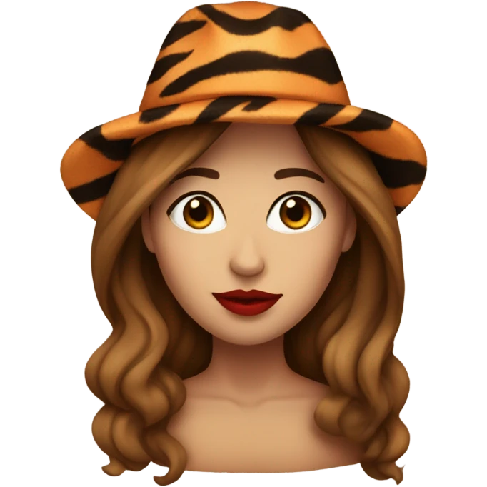 woman with brown long hair and tiger hat, red lips emoji