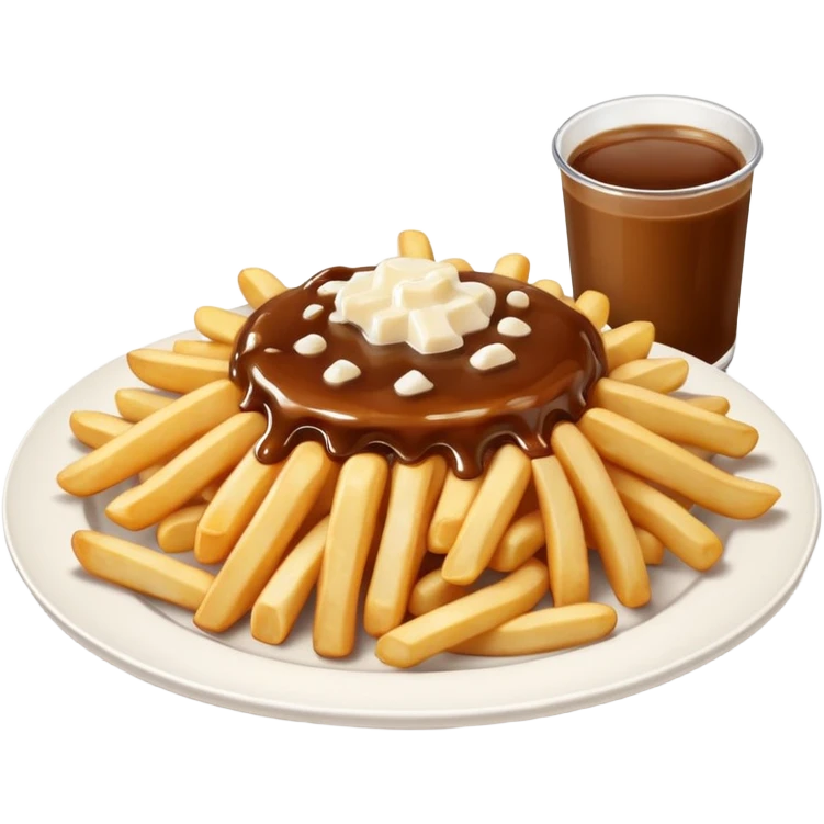 poutine, québec, white cheese curds with gravy on fries in a white plate emoji