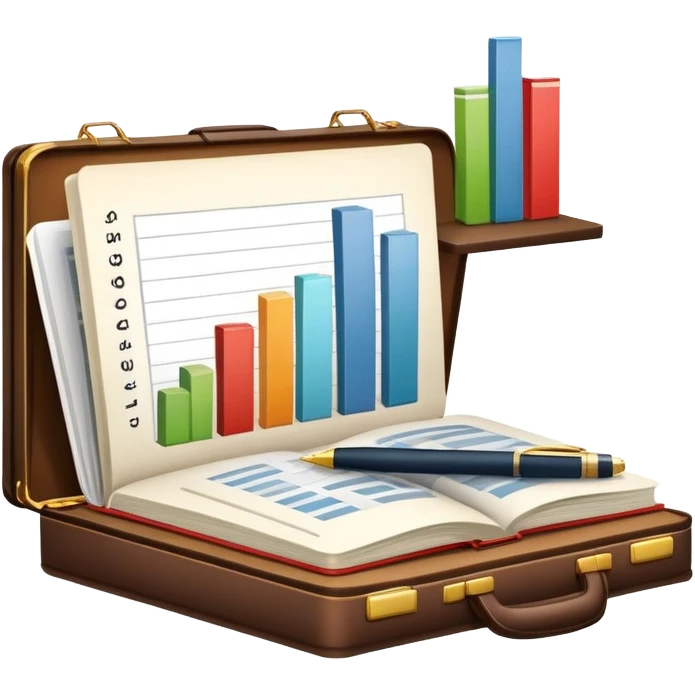 Icon for Business Reading: a prominent open book in the foreground with a briefcase, a laptop and a notepad around it, with a bar graph symbolizing ideas and growth. The icon should represent the knowledge and strategy of business literature. Transparent background. emoji