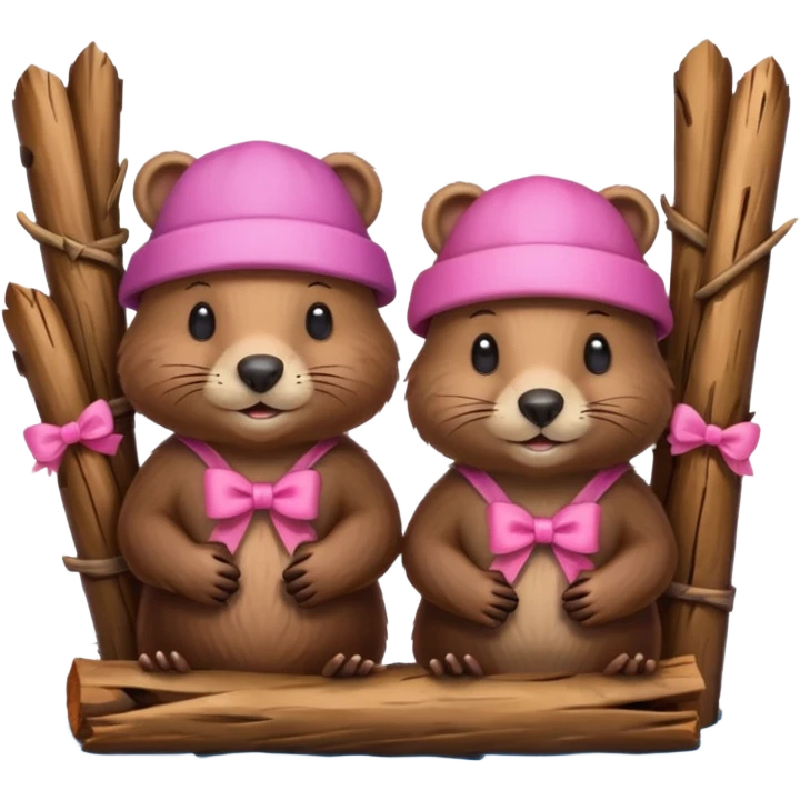 a beaver couple, one a female with a bow on her head in a beaver home made of sticks and logs emoji
