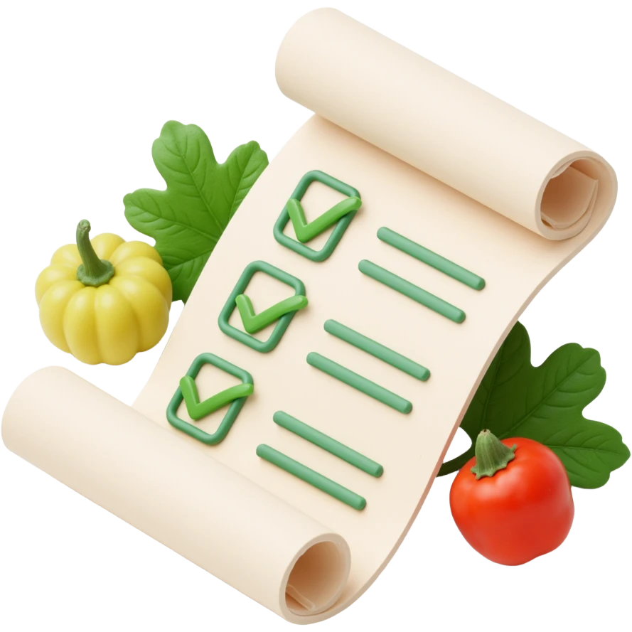 floating rolled paper list with green checkboxes and around vegetables emoji