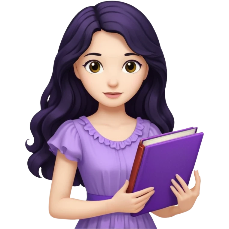 Long Hair Women with purple Book, Black wavy hair, light dress emoji