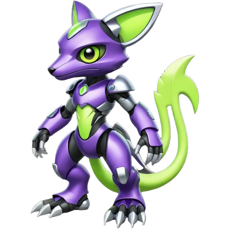 Futuristic modern cyborg badass cool shiny metallic alloy black-obsidian purple neon-green white lime animal hybrid Fakemon full body emoji