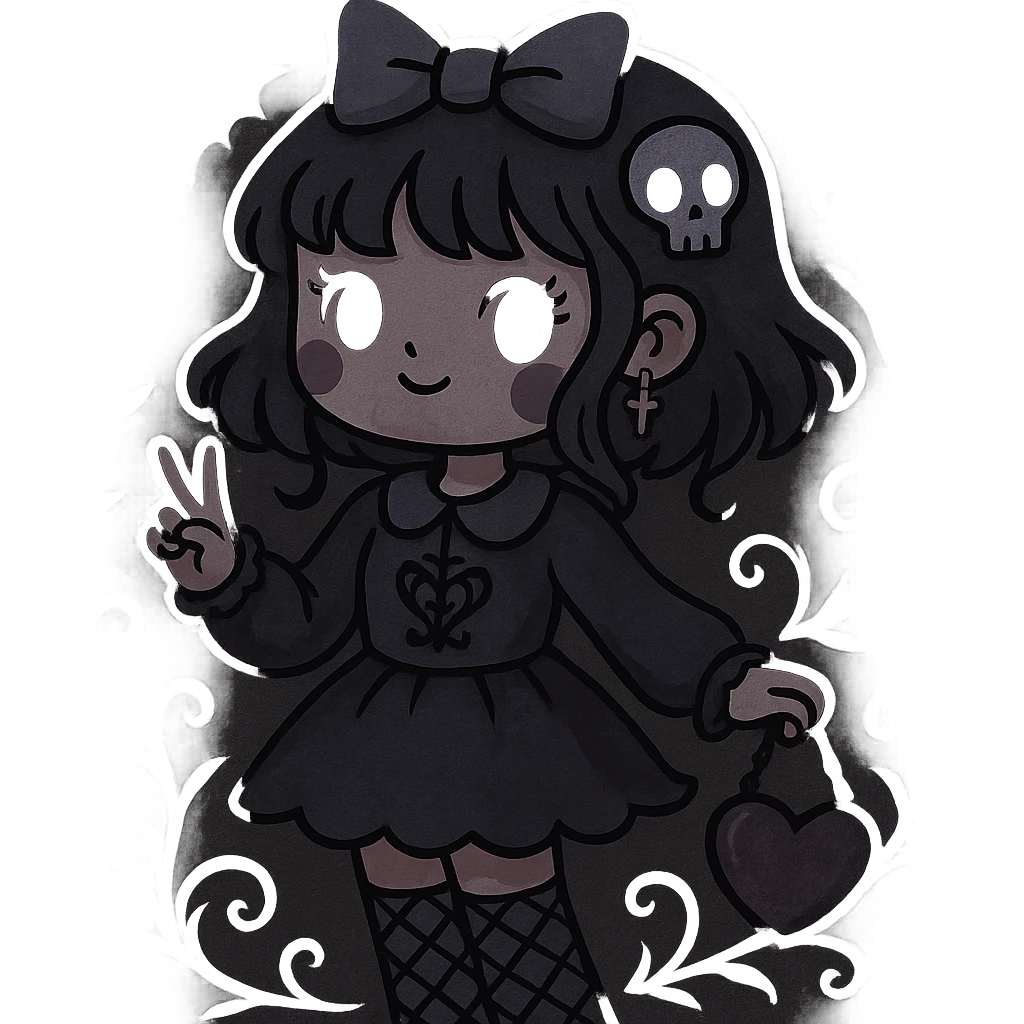 Edit the image of a gothic K-pop girl in a dreamy pastel goth style with a darker color palette and gothic details. The girl should have a whimsical pose and cute accessories. Remove the background. The style should reflect dreamy pastel goth with gothic elements and a darker color scheme. emoji