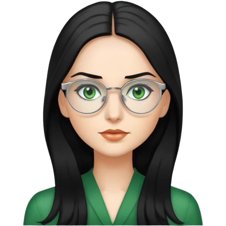Woman with long, Black hair, Silver Glasses and with green eyes  emoji