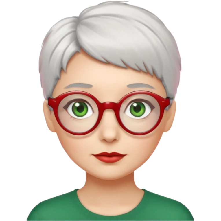visage femme a lunettes fine ronde rouge avec cheveux courts gris-blancs aux yeux verts emoji