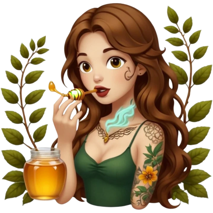 forest mystic woman long wavy brown hair tattoos licking honey from finger flirty emoji