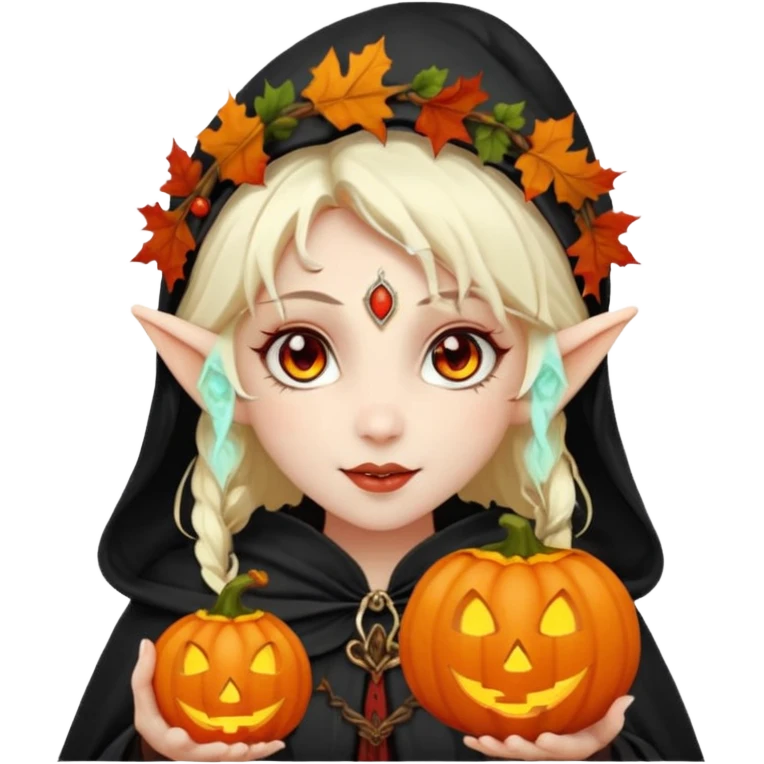 female elf vampire emoji, pale skin, red eyes, elegant face, autumn leaf and pumpkin wreath on head, black hooded cloak with cobweb details, holding small glowing pumpkin lantern, Halloween fantasy theme, Apple emoji style, clean white background, square emoji