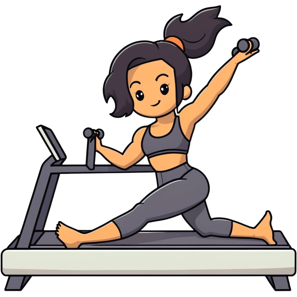 woman with tanned skin, long black hair, wearing a sports bra, doing Pilates on a reformer machine emoji