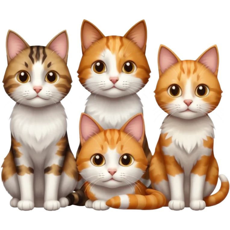 3 cats different colours including brown tabby and white, light patchy calico, and ginger and white emoji