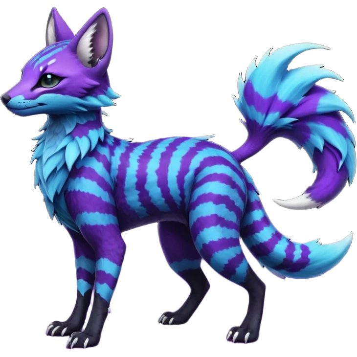 Feral Rare Fantasy  Black-Dark-Vortexed Lightning-strike-zig-zag-patterned striking purple-indigo-violet-blue-cyan-gradients with black points, white underside, galactic stormy edgy badass realistic Vernid-Sergal-Genet-Trico-species by LiLaiRa, random markings, tufted tail, tufted ears, full body emoji