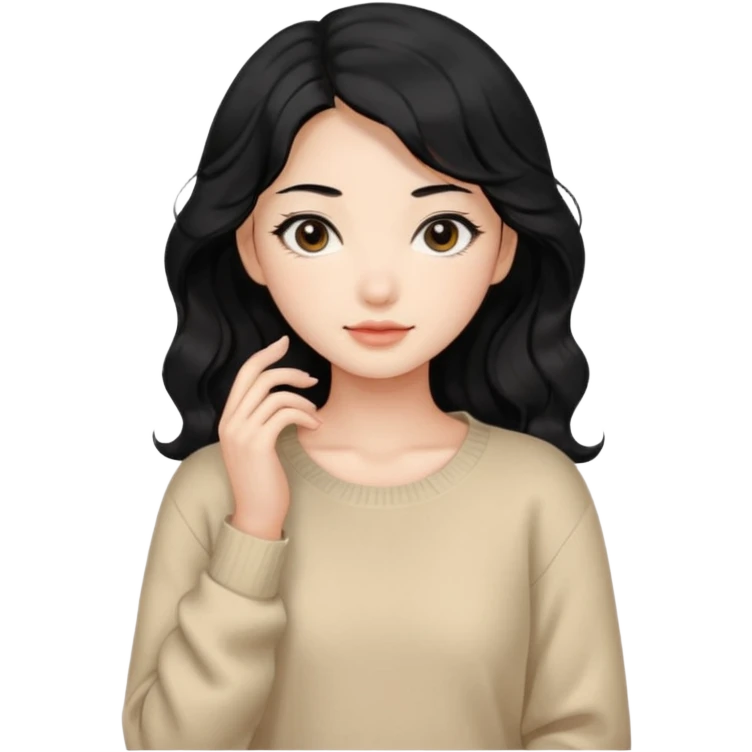 Beautiful girl,Black hair, wavy long hair,Black eyes,Chinese, beige sweater  emoji