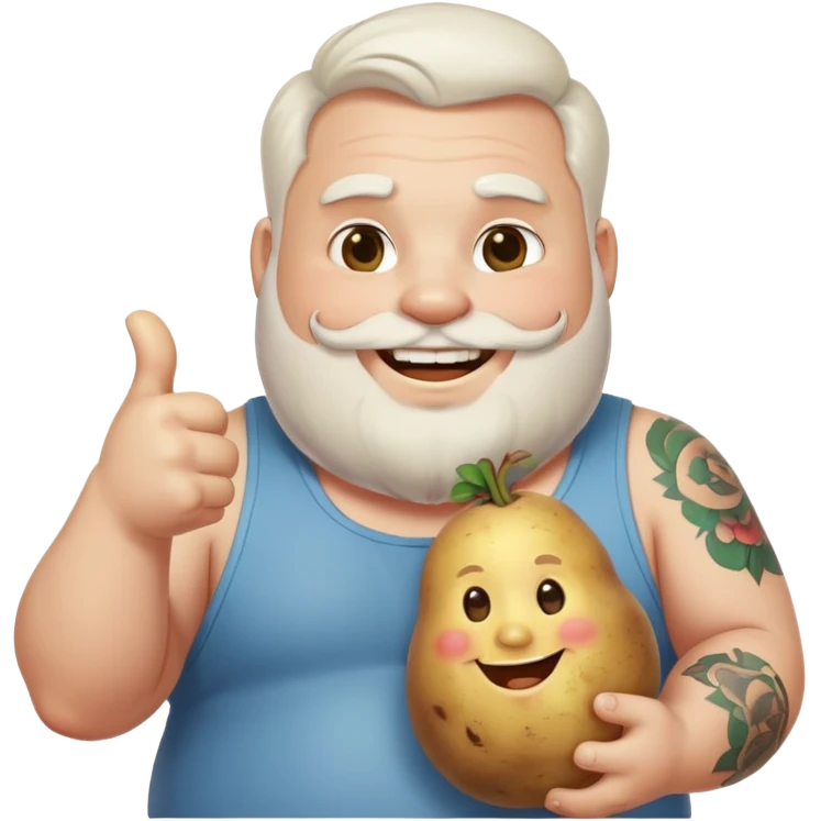 fat guy with white side part and white beard and key tatto on his arm smiling and holding a potato with a thumbs up emoji