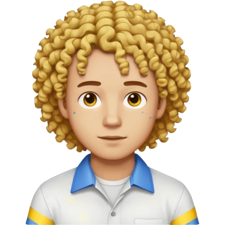 Make me an emoji that has a guy with a white shirt and yellow tape around the shirt with brown and blue spots hair make the hair curly make the yellow tape go around it emoji