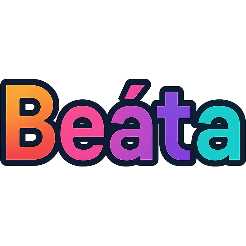 Beáta name in colorful gradient modern font with dark outline, transparent background, in the style of sample images emoji