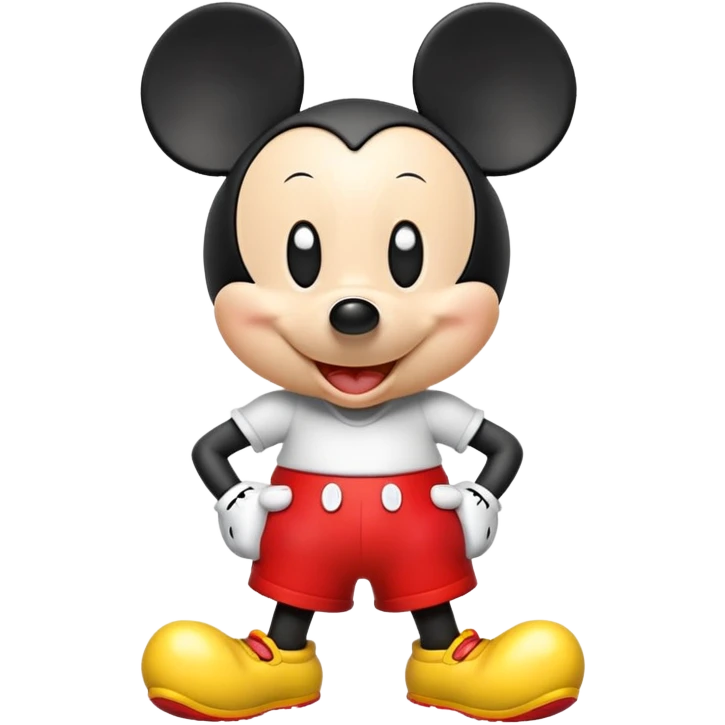 Design a 3D emoji-style Mickey Mouse with big round ears, red shorts, yellow shoes, and a cheerful expression. Cute, glossy, and cartoonish. emoji