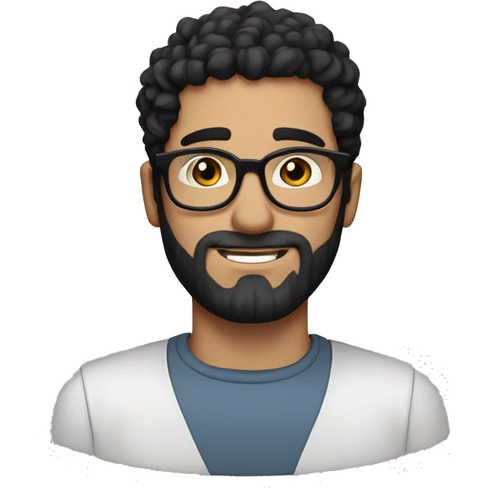 one european guy with short curly dark black hair and even shorter on the sides and beard and black eyes and round glasses emoji