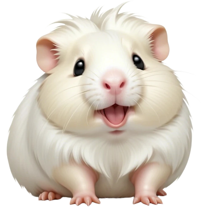 Cinematic Cute Yawning White Guinea Pig Portrait Emoji, Head tilted slightly with a dramatic, wide-open yawn, revealing a soft, downy white fur with tiny drooping ears, round dark eyes barely open in drowsy contentment, Simplified yet irresistibly adorable features, highly detailed, glowing with a soft, cozy glow, high shine, relaxed yet expressive, stylized with a touch of whimsy, bright and endearing, soft glowing outline, capturing the essence of a sleepy yet affectionate guinea pig, so drowsy it feels like it could stretch right out of the screen and curl up for a nap! emoji