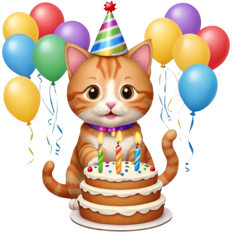 Ginger tabby kitten birthday, birthday hat, birthday cake, balloons, happy, gifts emoji