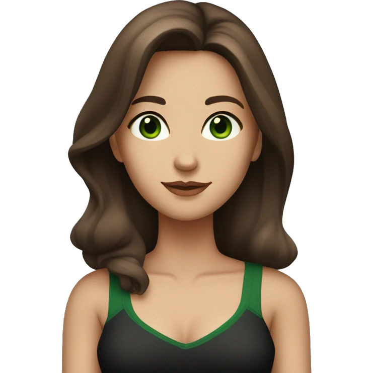 Attractive woman with belly-long chestnut-brown hair and dark green eyes wearing a black top emoji