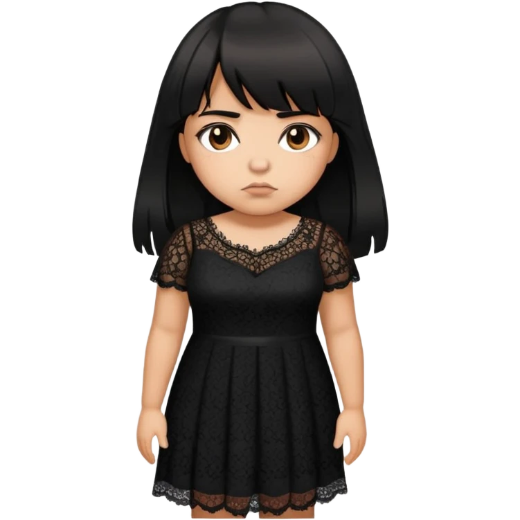 Latina girl with bangs black long layered hair plus size black lace dress disappointed  emoji