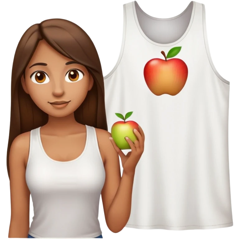 A woman with a round face, big round nose, long straight brown hair, and brown eyes, wearing a white tank top. The style should resemble the Apple emoji design, with a smooth, simple appearance and bright, clear features. emoji