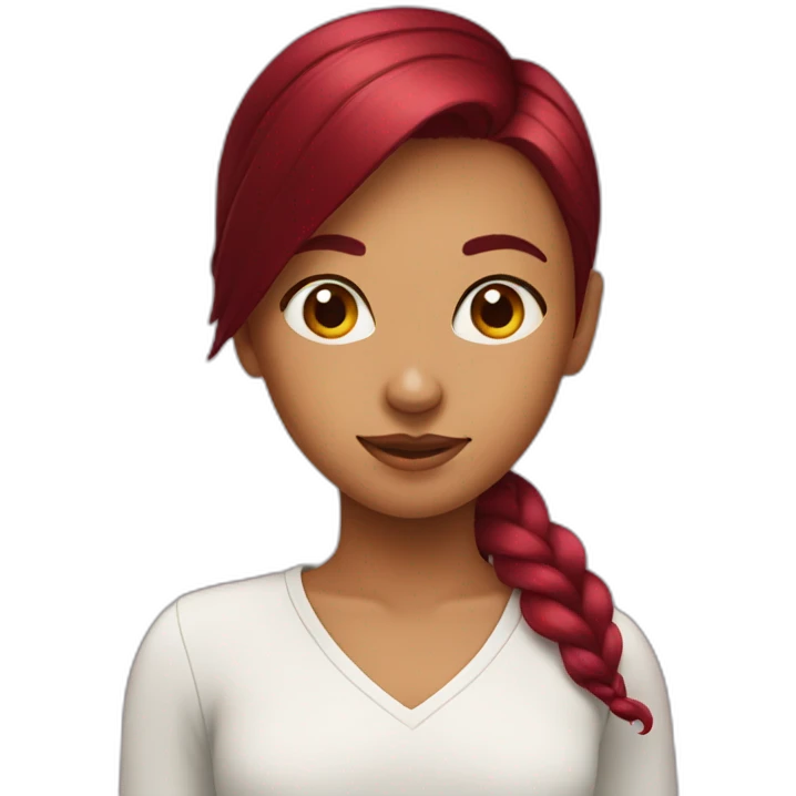 A girl with burgundy hair makes a heart emoji