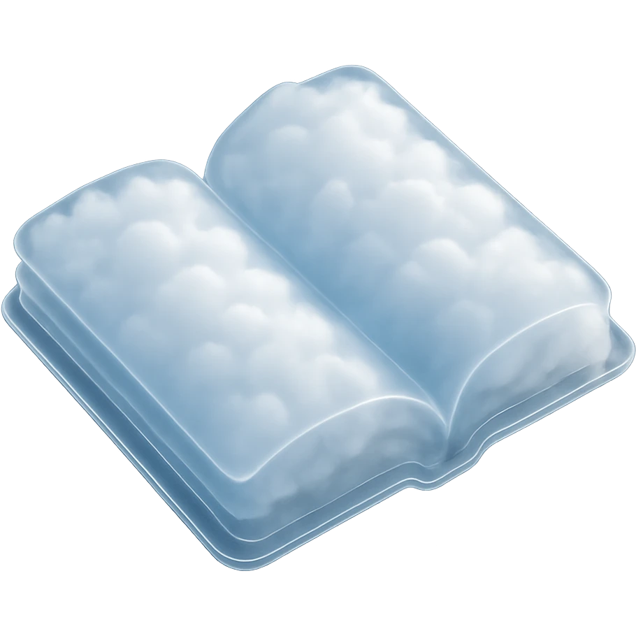open book top view, pages and cover made of bright white fluffy clouds, matte glass style, no background emoji