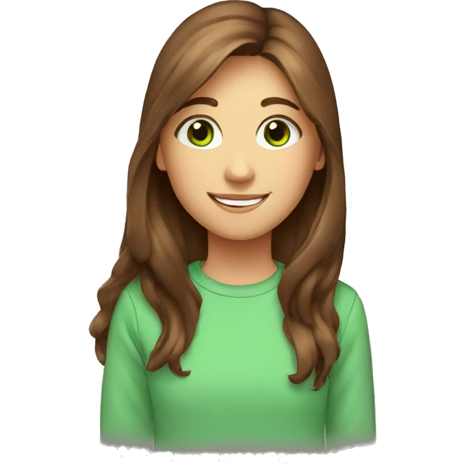girl, long brown hair, smile, green eyes, sweatshirt emoji