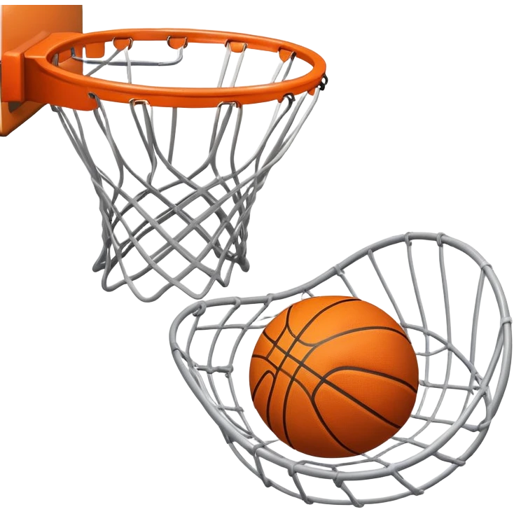 A close-up of a basketball swishing through the hoop, with the net slightly bouncing. The background features a blurred basketball court, capturing the excitement and precision of scoring in the game. emoji