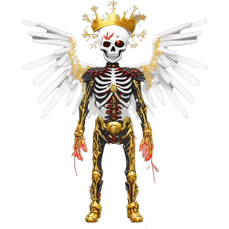 White skeleton zombie person covered in golden chains and black graffiti scribbles and red and silver doodles wings made of neon lightning snowing snowflakes crown made of snowflakes  emoji