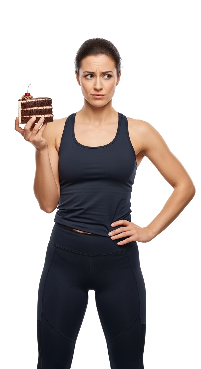 donna fitness con una fetta di torta in mano ed espressione dubbiosa, sfondo bianco emoji