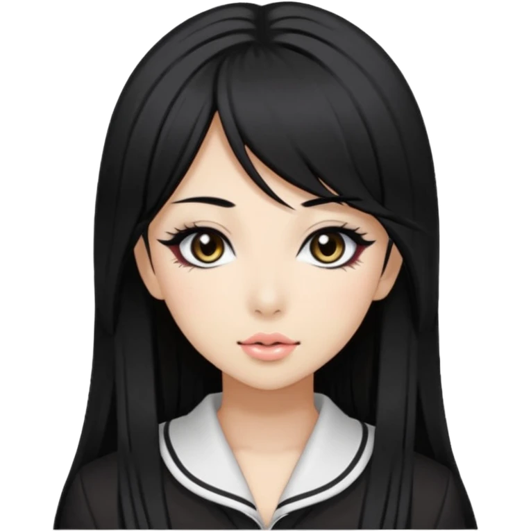 Hime gyaru girl, medium-long, straight black hair, black slanted eyes and thin black eyebrows, gyaru makeup, emoji
