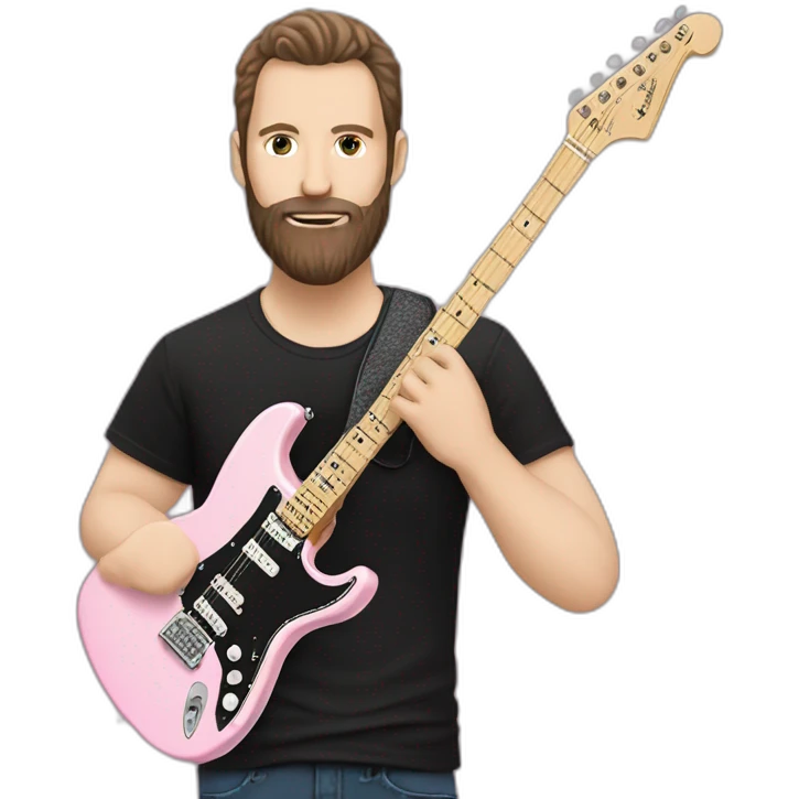 white man with dark beard and black t shirt and pastel pink stratocaster electric guitar emoji